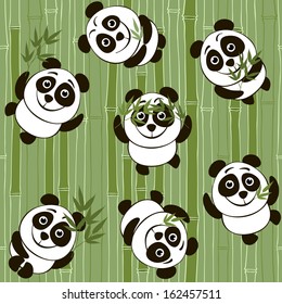 Seamless  pattern with cartoon pandas on the background of bamboo