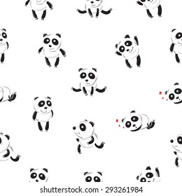 Seamless pattern with cartoon pandas on a white background.