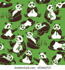 Seamless pattern with cartoon pandas on a green background. Vector animal wallpaper.