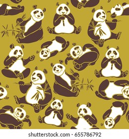 Seamless pattern with cartoon pandas on a yellow background. Vector animal wallpaper.