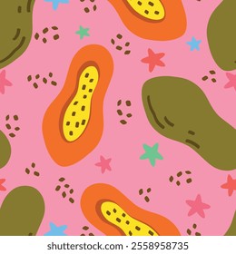 Seamless pattern cartoon of papaya fruit, dots and stars on pink background. It's a pattern that looks feminine. Pattern design for fabric, wrapping paper, wallpaper and fashion prints.