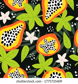 Seamless pattern with cartoon with papaya, leaves, decor elements on a neutral background. colorful vector. hand drawing, flat style. design for fabric, print, textile, wrapper