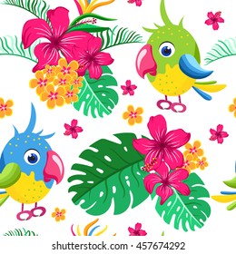 Seamless pattern with cartoon parrots and tropical plants. Cheerful children's background. Vector illustration.