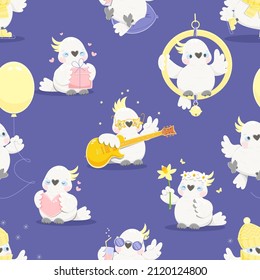 Seamless pattern with cartoon parrots. White cockatoo in different situations. Endless texture. Vector illustration.