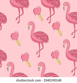 Seamless pattern with cartoon patch badges with flamingo and hearts.For t-shirt or other uses.Retro style 80s-90s.Pop art style.Stock vector