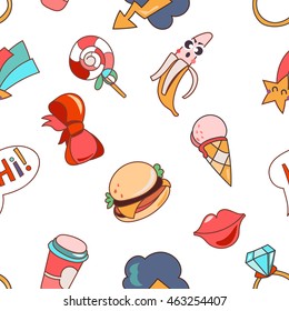 Seamless pattern cartoon patch badges or fashion pin badges. Candy, cloud, cup, ice cream,cloud, ring, lips, ribbon, burger, hi hand drawn vector full color sketch