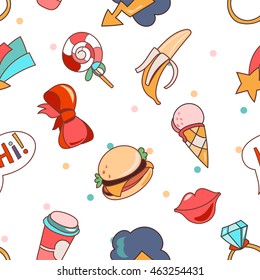 Seamless pattern cartoon patch badges or fashion pin badges. Candy, cloud, cup, ice cream,cloud, ring, lips, ribbon, burger, hi hand drawn vector full color sketch