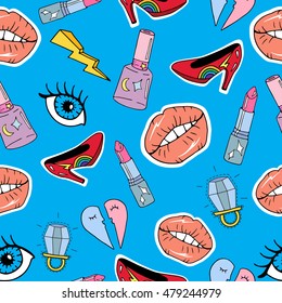 Seamless pattern with cartoon patch badges with lips,lipstick,eyes,zipper,nail,ring and etc.For t-shirt or other uses.Retro style 80s-90s.Stock vector