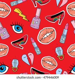 Seamless pattern with cartoon patch badges with lips,lipstick,eyes,zipper,nail,ring and etc.For t-shirt or other uses.Retro style 80s-90s.Stock vector