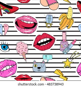 Seamless pattern with cartoon patch badges with lips,lipstick,eyes,zipper,nail,ring and etc.For t-shirt or other uses.Retro style 80s-90s.Stock vector