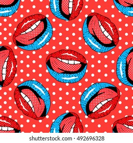 Seamless pattern with cartoon patch badges with lips.For t-shirt or other uses.Retro style 80s-90s.Pop art style.Stock vector