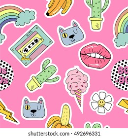 Seamless pattern with cartoon patch badges with lips,lipstick,cat,eyes,zipper,nail,ring and etc.For t-shirt or other uses.Retro style 80s-90s.Stock vector