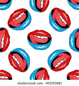 Seamless pattern with cartoon patch badges with lips.For t-shirt or other uses.Retro style 80s-90s.Pop art style.Stock vector