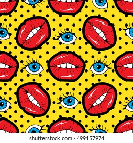 Seamless pattern with cartoon patch badges with lips and eyes .For t-shirt or other uses.Retro style 80s-90s.Pop art style.Stock vector