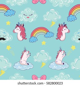 Seamless pattern with cartoon patch badges with cloud,unicorns,rainbows,lightning.For t-shirt or other uses.Retro style 80s-90s.Pop art style.