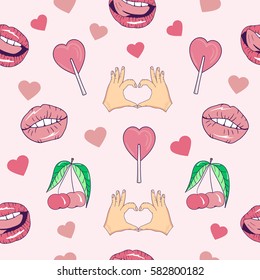 Seamless pattern with cartoon patch badges with lips,hands,candy,cherry,hearts.For t-shirt or other uses.Retro style 80s-90s.Pop art style.