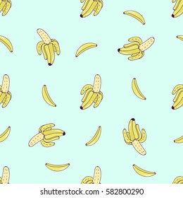 Seamless pattern with cartoon patch badges with banana on the blue background.For t-shirt or other uses.Retro style 80s-90s.Stock vector