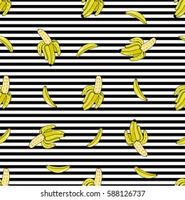 Seamless pattern with cartoon patch badges with banana on the black and white background.For t-shirt or other uses.Retro style 80s-90s.Stock vector