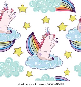 Seamless pattern with cartoon patch badges with cloud,unicorns,rainbows,star.For t-shirt or other uses.Retro style 80s-90s.Pop art style.
