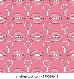 Seamless pattern with cartoon patch badges with lips,hands,candy,hearts.For t-shirt or other uses.Retro style 80s-90s.Pop art style.