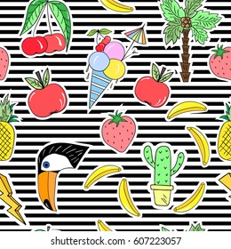 Seamless pattern with cartoon patch badges with tucan,banana,apple,cherry,zipper,ice cream and etc.For t-shirt or other uses.Retro style 80s-90s.Stock vector