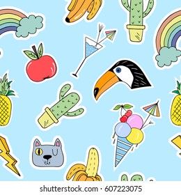 Seamless pattern with cartoon patch badges with apple,banana,cat,eyes,zipper,nail,tucan and etc.For t-shirt or other uses.Retro style 80s-90s.Stock vector