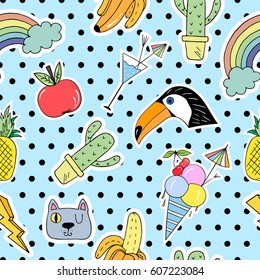 Seamless pattern with cartoon patch badges with apple,banana,cat,eyes,zipper,nail,tucan and etc.For t-shirt or other uses.Retro style 80s-90s.Stock vector