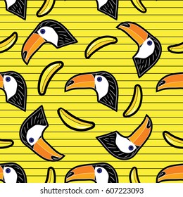 Seamless pattern with cartoon patch badges with banana and toucan.For t-shirt or other uses.Retro style 80s-90s.Pop art style.Stock vector
