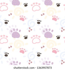 Seamless Pattern with Cartoon Paw Design on White Background