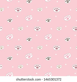 Seamless Pattern with Cartoon Paw Design on Pink Background with Dots