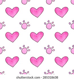 Seamless pattern with cartoon paws and hearts. Hand-drawn background. Vector illustration. Real watercolor drawing.