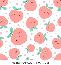 patrón sin fisuras con durazno de dibujos animados sobre fondo blanco, ilustración vectorial plana, impresión infantil tierno con frutos