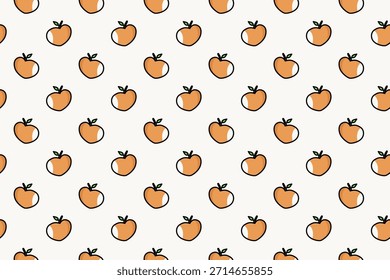 Seamless pattern of cartoon peaches with green leaves on a light background. Soft, cheerful fruit design perfect for textiles, wallpapers, packaging, stationery, and modern fresh themed graphic