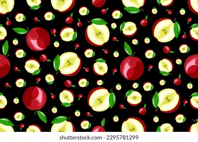 Patrón sin inconvenientes con Cartoon Pear sobre fondo negro. Ornamento interminable. Ilustración vectorial. Fondo de frutas de verano. Papel de escritorio y papel de cama impreso. Diseño de delantal de cocina.