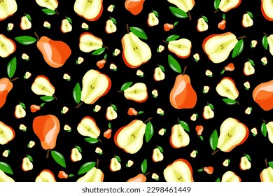 Seamless pattern with Cartoon Pear on black background. Pears Slice endless ornament. Vector illustration. Summer Fruit backdrop. Wallpaper and bed linen print. Kitchen apron design.