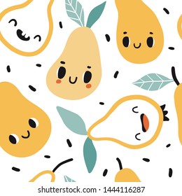 Seamless pattern with cartoon pears. Summer fruits colorful design for kids, kitchen textile, fabric, paper. Cute doodle style emoticons. Smiling faces kawaii food. Hand drawn flat illustration