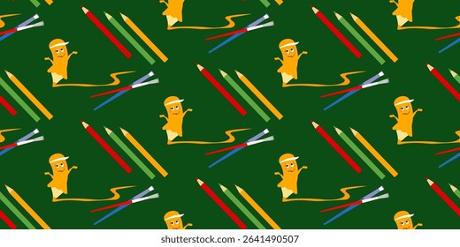 Seamless pattern with cartoon pencil mascot, color pencils and brushes on dark green. Part of a Hand-drawn Back to School Series. Background is on a separate layer and fully editable