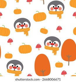 Pingüino de dibujos animados de patrón sin costuras con vibraciones de otoño. Fondo de pantalla de otoño lindo para la impresión de la tela, envoltura del regalo
