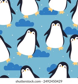 Nahtloser Muster Cartoon Pinguin mit blauem Himmel und Wolken. Netter Bildschirmhintergrund für Textil, Geschenkpapier