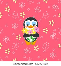 Seamless pattern with cartoon penguin, butterfly and flowers on a pink background.