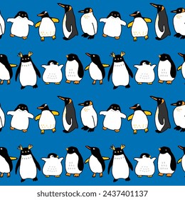 Seamless Pattern of Cartoon Penguin Character Design on Dark Blue Background