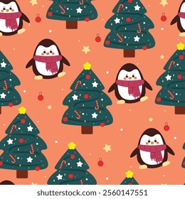 seamless pattern cartoon penguin with christmas tree. cute christmas wallpaper for fabric print, gift wrap paper