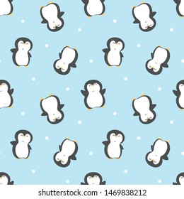Seamless Pattern of Cartoon Penguin Design on Blue Background with Stars