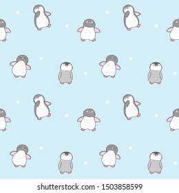 Seamless Pattern of Cartoon Penguin Design on Blue Background