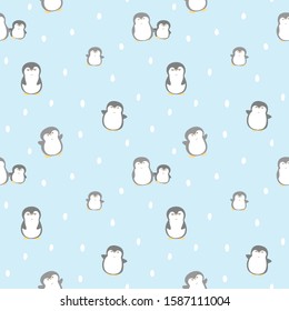 Seamless Pattern with Cartoon Penguin Design on Light Blue Background