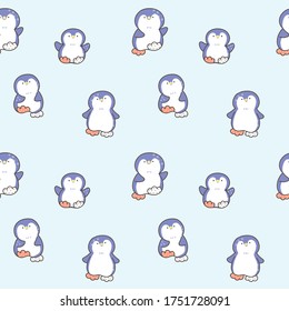 Patrón de diseño de pingüino de caricatura en fondo azul claro