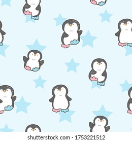 Seamless Pattern with Cartoon Penguin Design on Light Blue Background with Stars