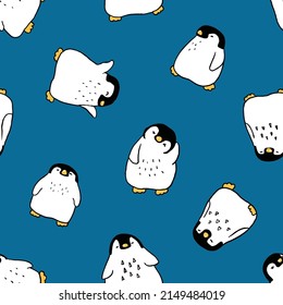 Seamless Pattern with Cartoon Penguin Design on Dark Blue Background