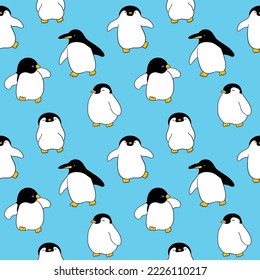 Seamless Pattern with Cartoon Penguin Design on Blue Background