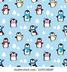 Seamless Pattern with Cartoon Penguin Design on Light Blue Background